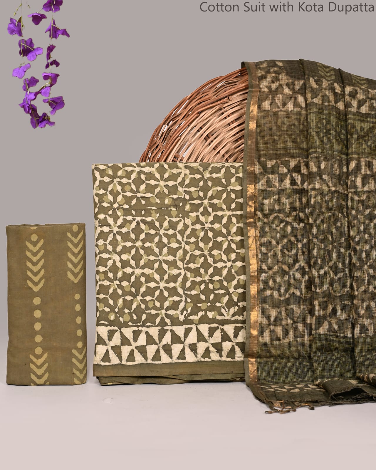 Bagrubazzar Ethnic Wear Bagru Handblock Cotton Suit Set with Kota Doria Dupatta
