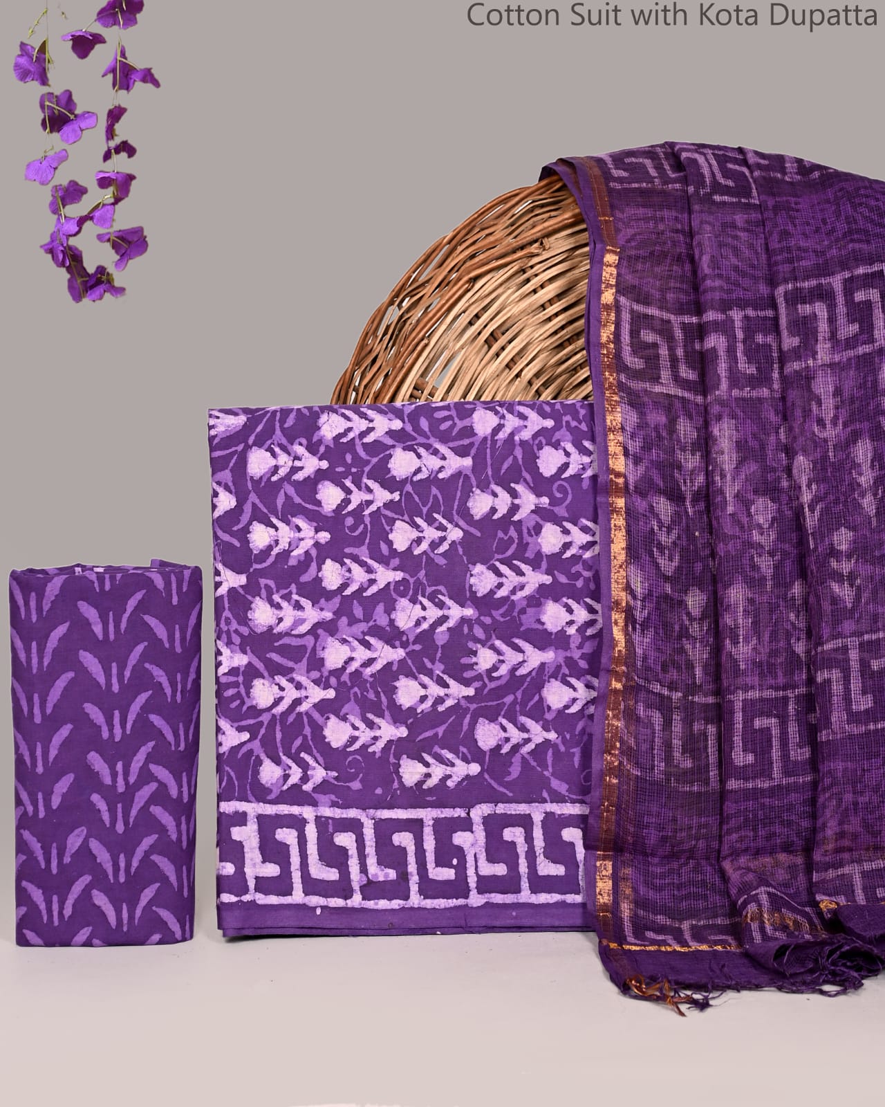 Bagrubazzar Women Ethnic Cotton Suit Set with Handblock Print & Kota Doria Dupatta