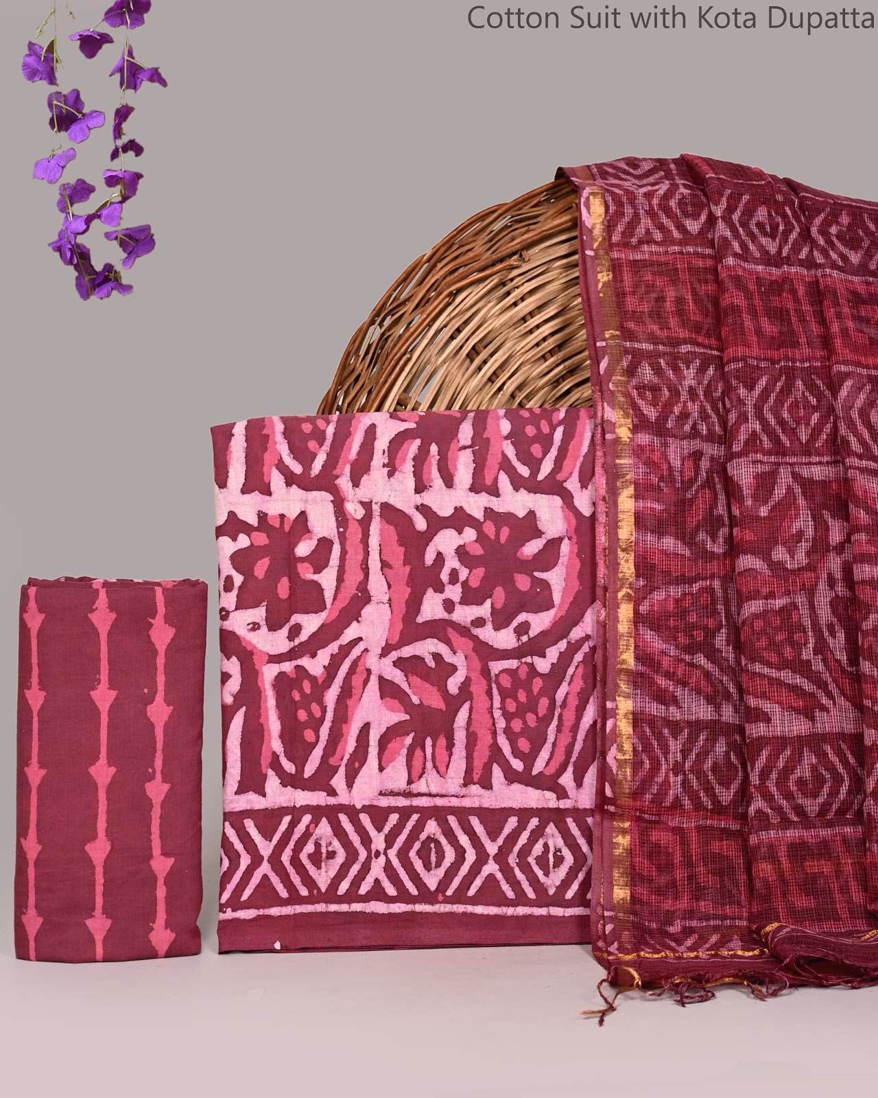 Bagrubazzar Handblock Printed Cotton Unstitched Suit Set with Kota Doria Dupatta for Women