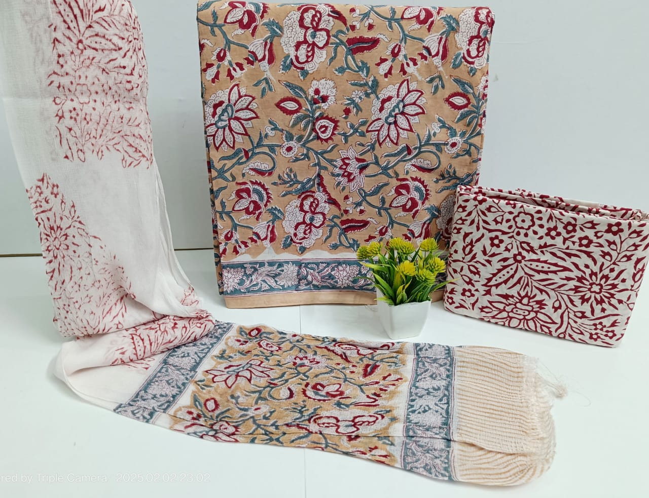 Jaipur Bagru Hand Block Printed Cotton Unstitched Suit Set with Chiffon Dupatta for Women