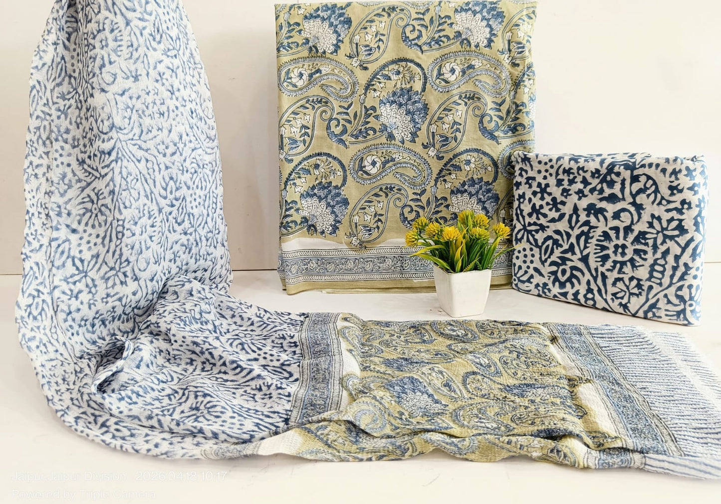 Jaipur Hand Block Print Cotton Unstitched Suit Set with Chiffon Dupatta for Officewear