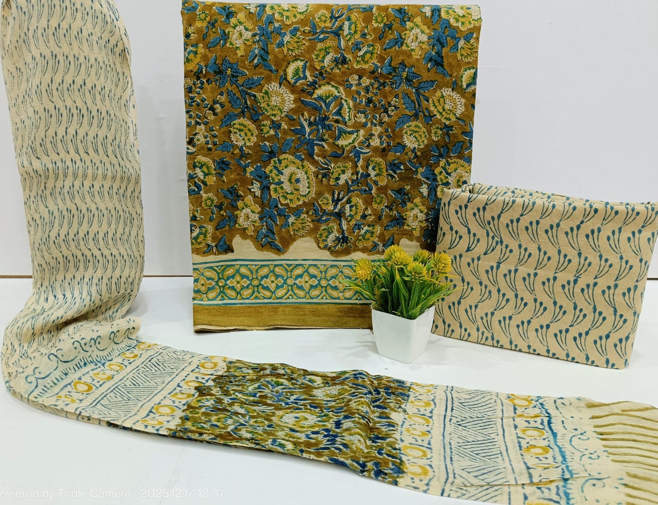 Jaipur Hand Block Print Cotton Unstitched Suit Set with Chiffon Dupatta for Women