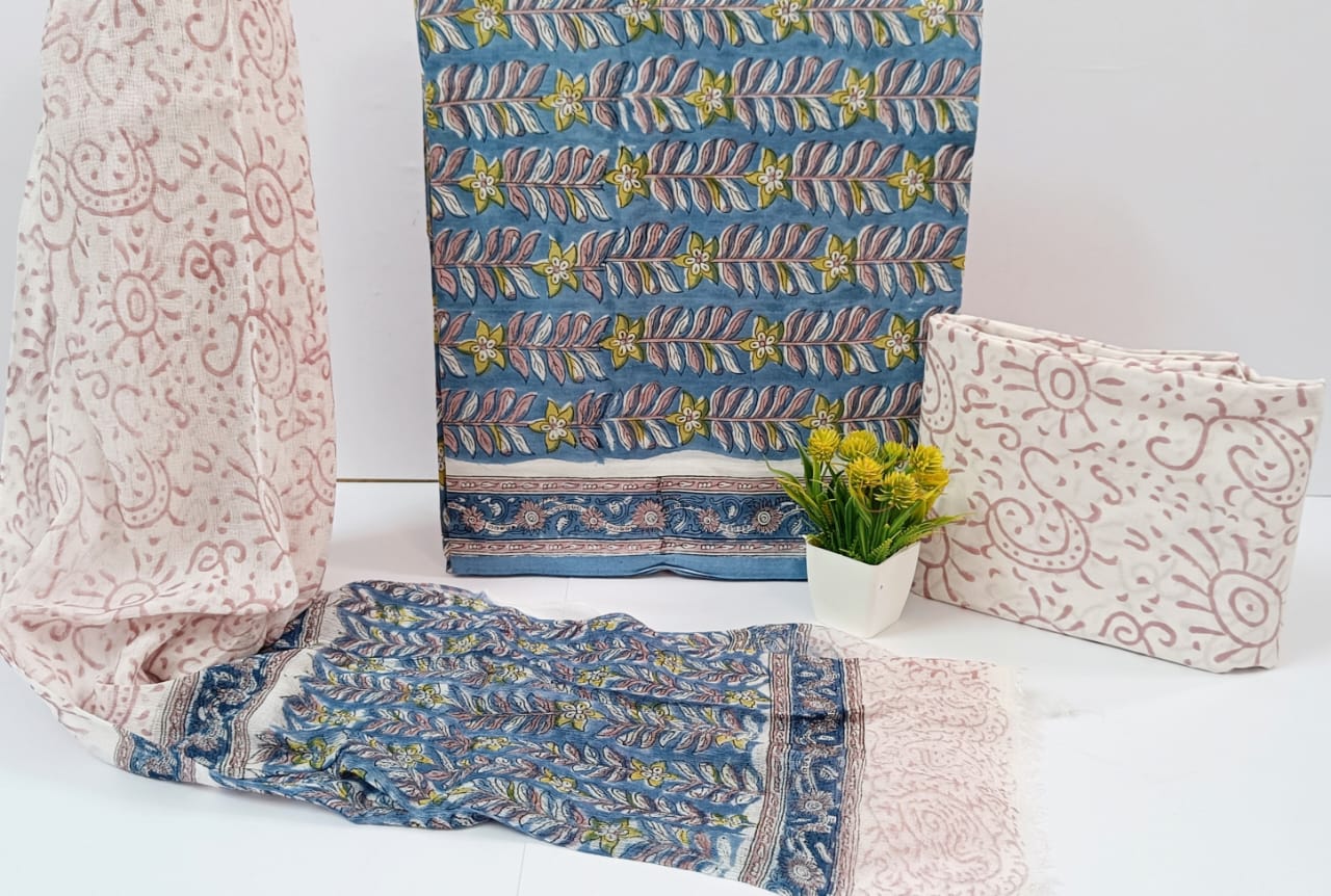Rajasthani Bagru Handblock Printed Cotton Suit with Chiffon Dupatta – Unstitched Suit Set
