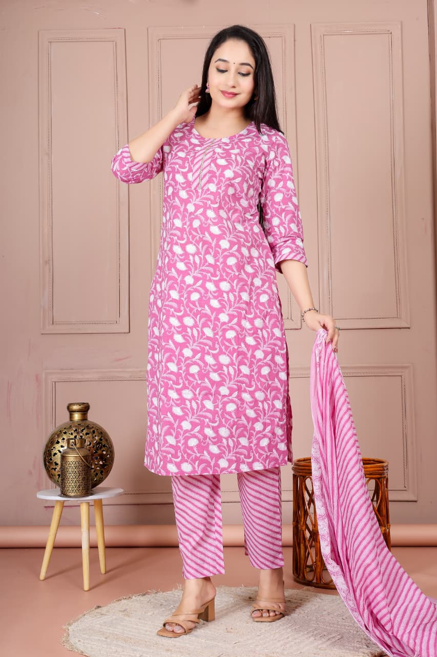 Bagrubazzar Sanganeri Print Cotton Dress Material Suit Set with Dupatta