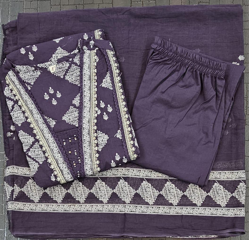 Bagrubazzar Summer Floral Cotton Kurti Pant & Dupatta Set with Embroidery Work (BBKF22)