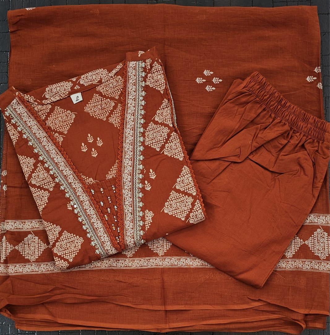 Bagrubazzar Summer Floral Cotton Kurti Pant & Dupatta Set with Embroidery Work (BBKF23)