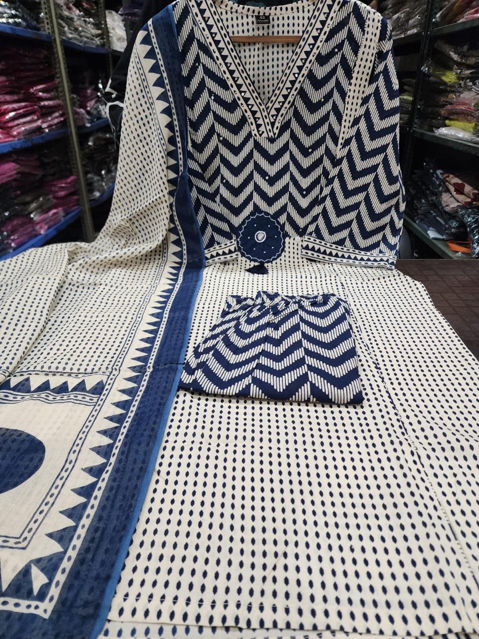 Bagrubazzar Bagru Print Cotton Kurta Pant Dupatta Set with Embroidery & Codi Beads Work (BBKF33)