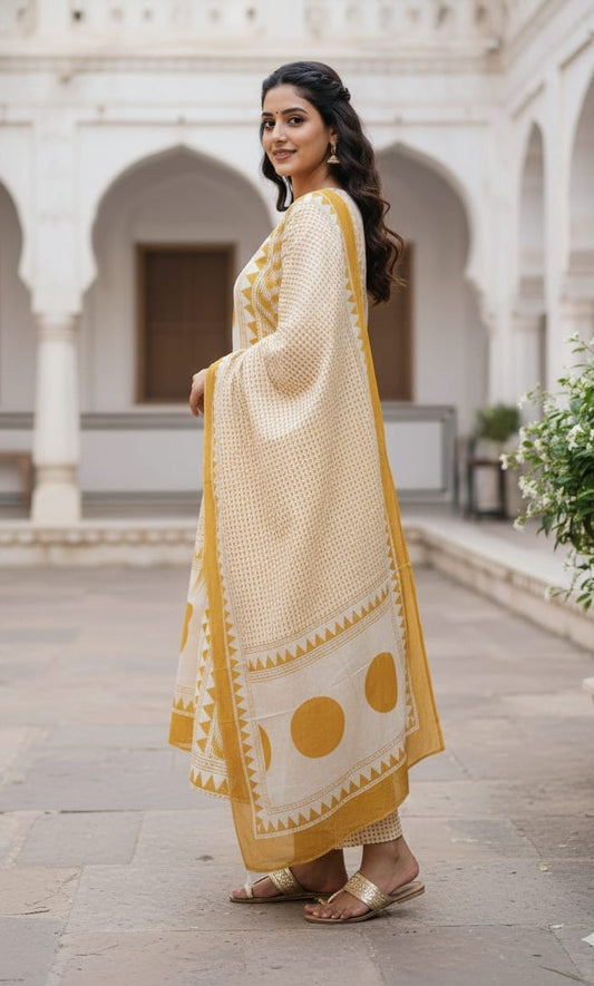 Bagrubazzar Handblock Printed Pure Cotton Kurta with Pants & Dupatta (BBKF36)