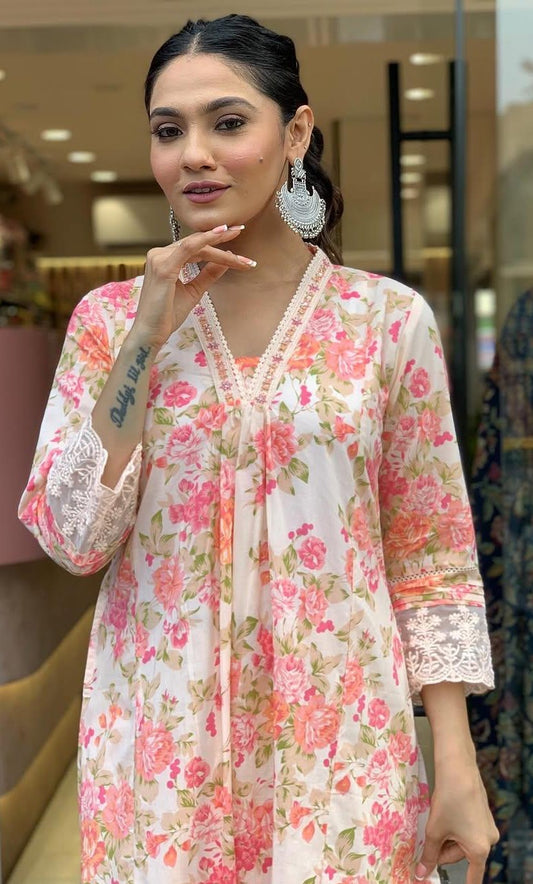 Bagrubazzar Cotton Mughal Butta Print Anarkali Kurti Pant Set with Printed Mul Cotton Dupatta for Women