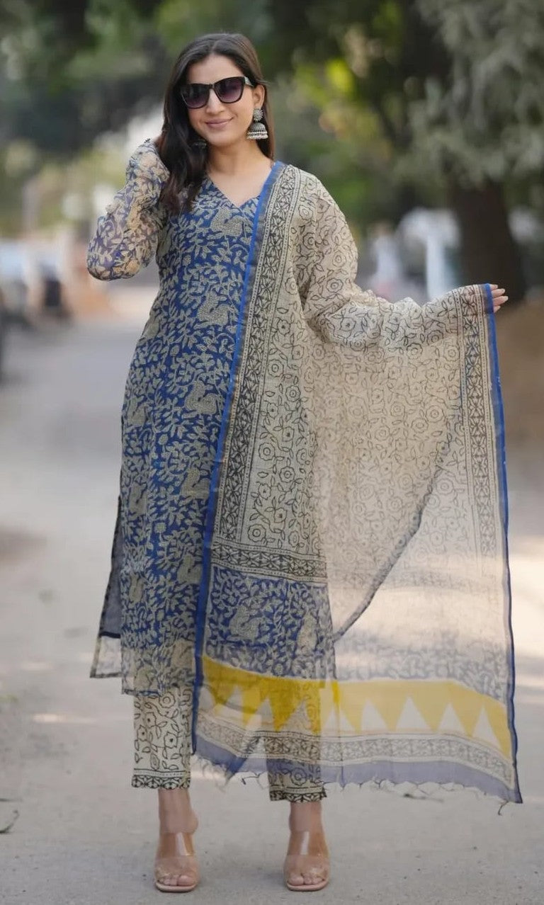 Bagrubazzar Women's Premium Kota Doria Suit Set with Kota Doria Dupatta & Cotton Pants
