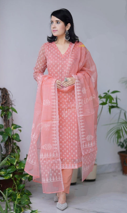 Bagrubazzar Premium Pure Kota Doria Hand Block Print Suit Set for Women