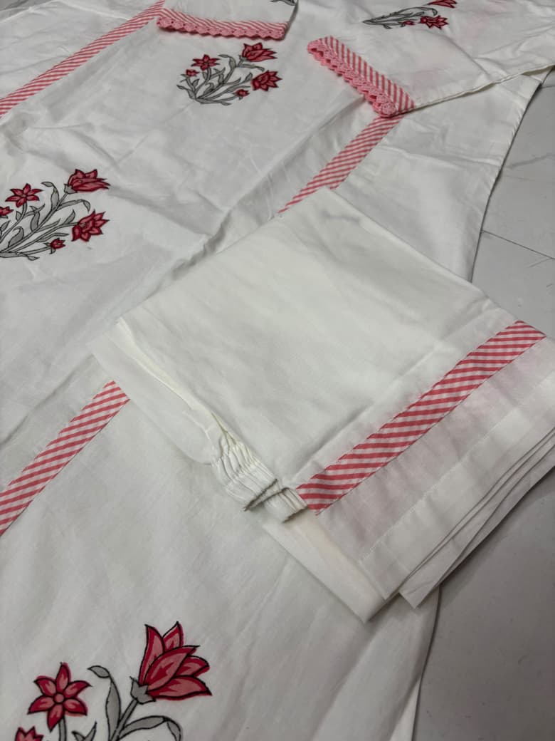 Bagrubazzar Pure Cotton Anarkali Suit Set | Hand Block Buti Print with Pant & Dupatta