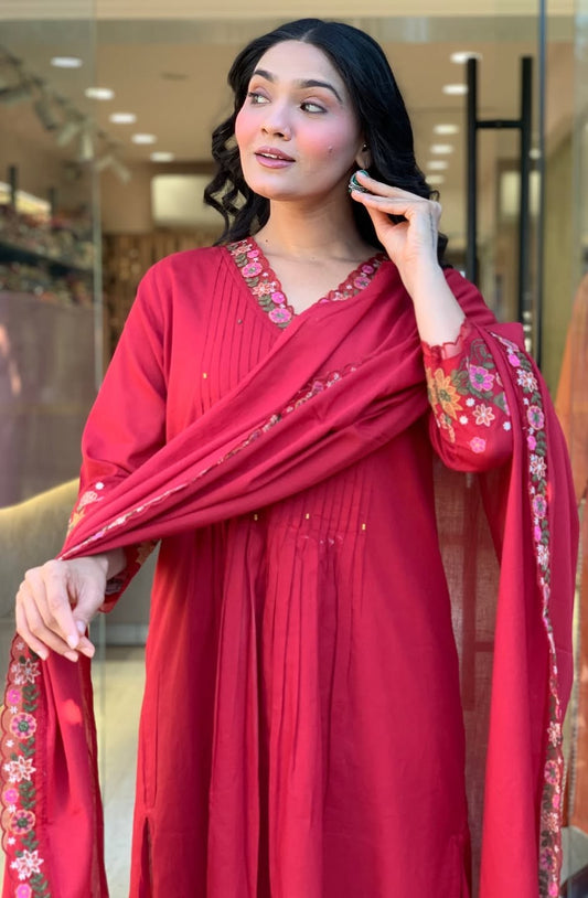 Bagrubazzar 3 Piece Pure Cotton Kurta Pant Dupatta Set with Embroidery & Hand Moti Work