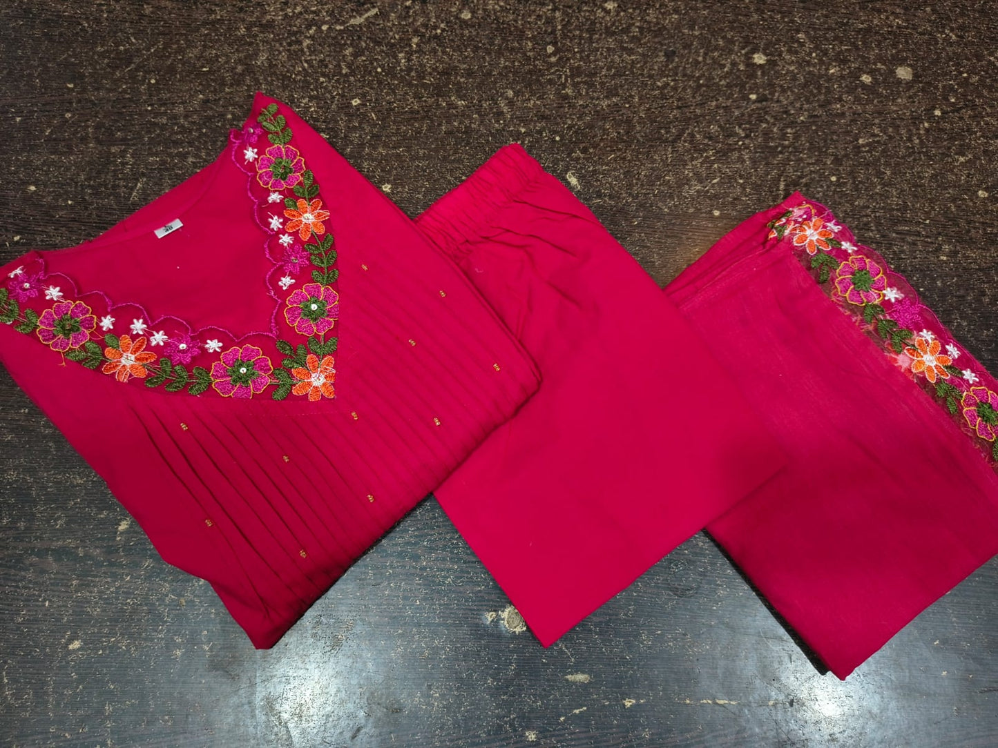 Bagrubazzar 3 Piece Pure Cotton Kurta Pant Dupatta Set with Embroidery & Hand Moti Work