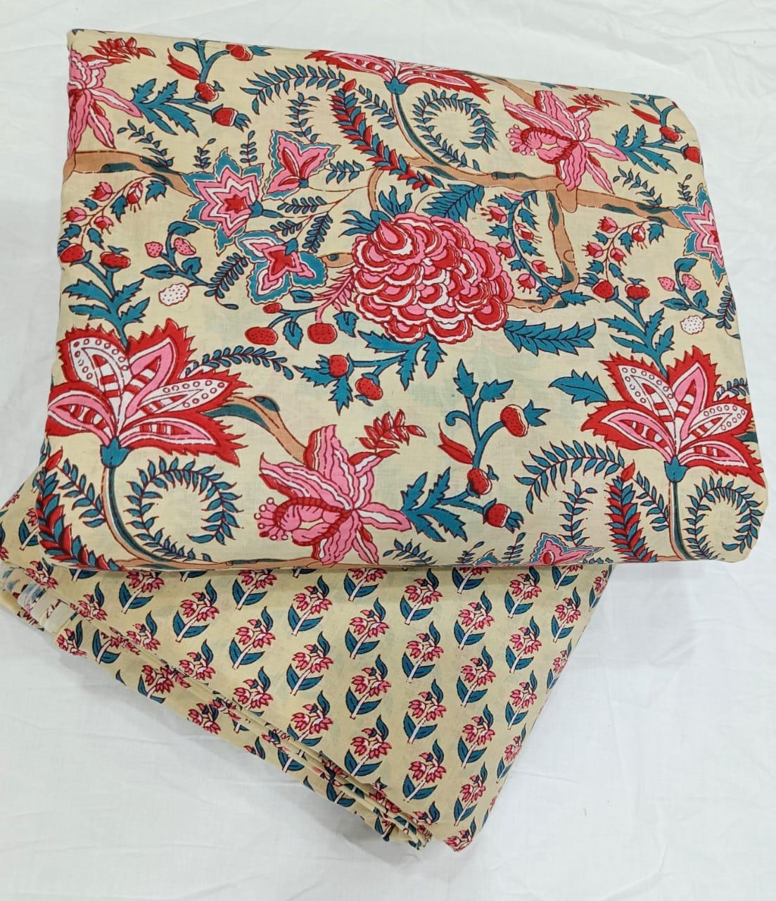 Bagrubazzar Hanblock Floral Jaipur Print Cotton Unstitched Top Bottom Suit Set
