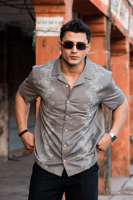 Bagrubazzar Men's Gabon Embroidery Short-Sleeve Camp Collar Shirt in Olive Grey (BBKL05)