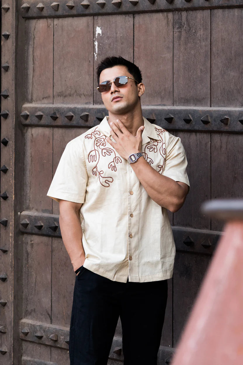 Bagrubazzar Men's Cuban Collar Short Sleeve Shirt With Congo-Inspired Embroidery (BBKL02)