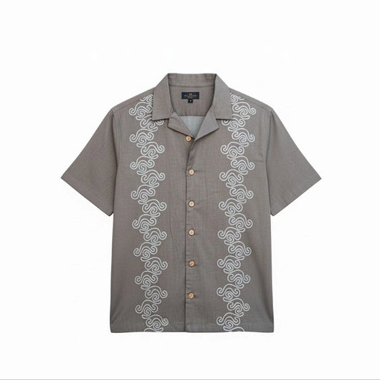 Bagrubazzar Men's Gabon Embroidery Short-Sleeve Camp Collar Shirt in Olive Grey (BBKL05)