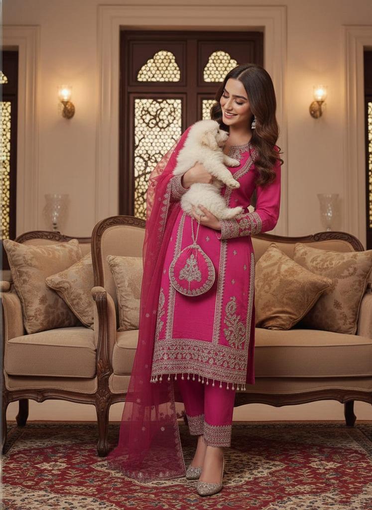Women’s Designer Roman Silk Kurta Pant Dupatta Set with Potli Bag – Heavy Embroidery Ethnic 3 Piece Suit