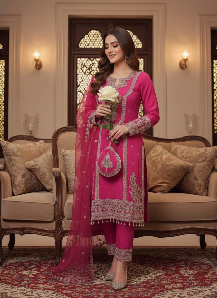Women’s Designer Roman Silk Kurta Pant Dupatta Set with Potli Bag – Heavy Embroidery Ethnic 3 Piece Suit