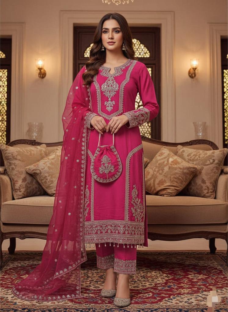 Women’s Designer Roman Silk Kurta Pant Dupatta Set with Potli Bag – Heavy Embroidery Ethnic 3 Piece Suit