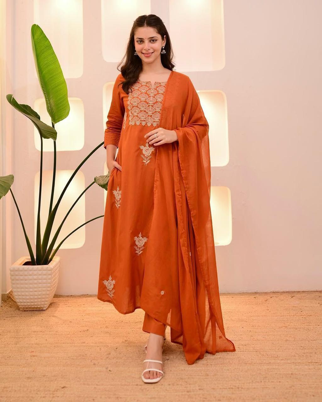 Elegant Rust Orange Embroidered Cotton Kurta Set with Dupatta for Women
