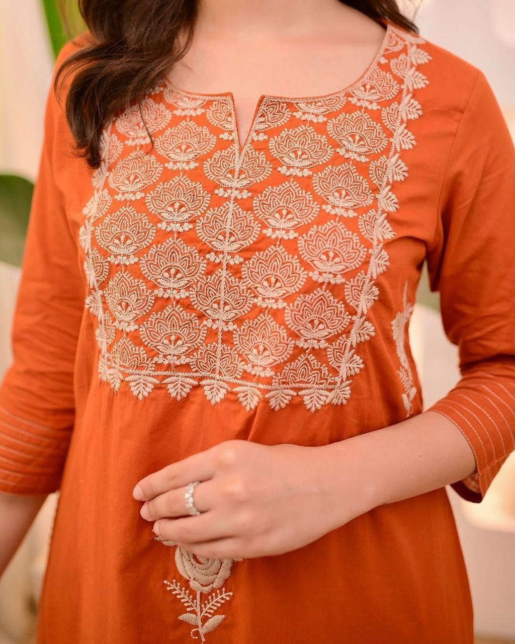 Elegant Rust Orange Embroidered Cotton Kurta Set with Dupatta for Women