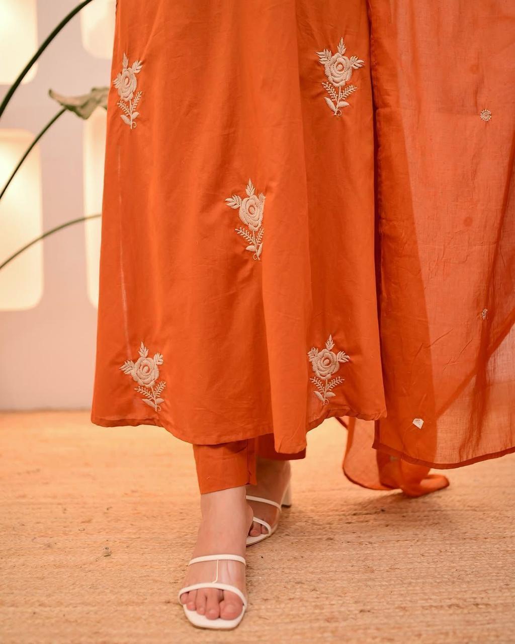 Elegant Rust Orange Embroidered Cotton Kurta Set with Dupatta for Women