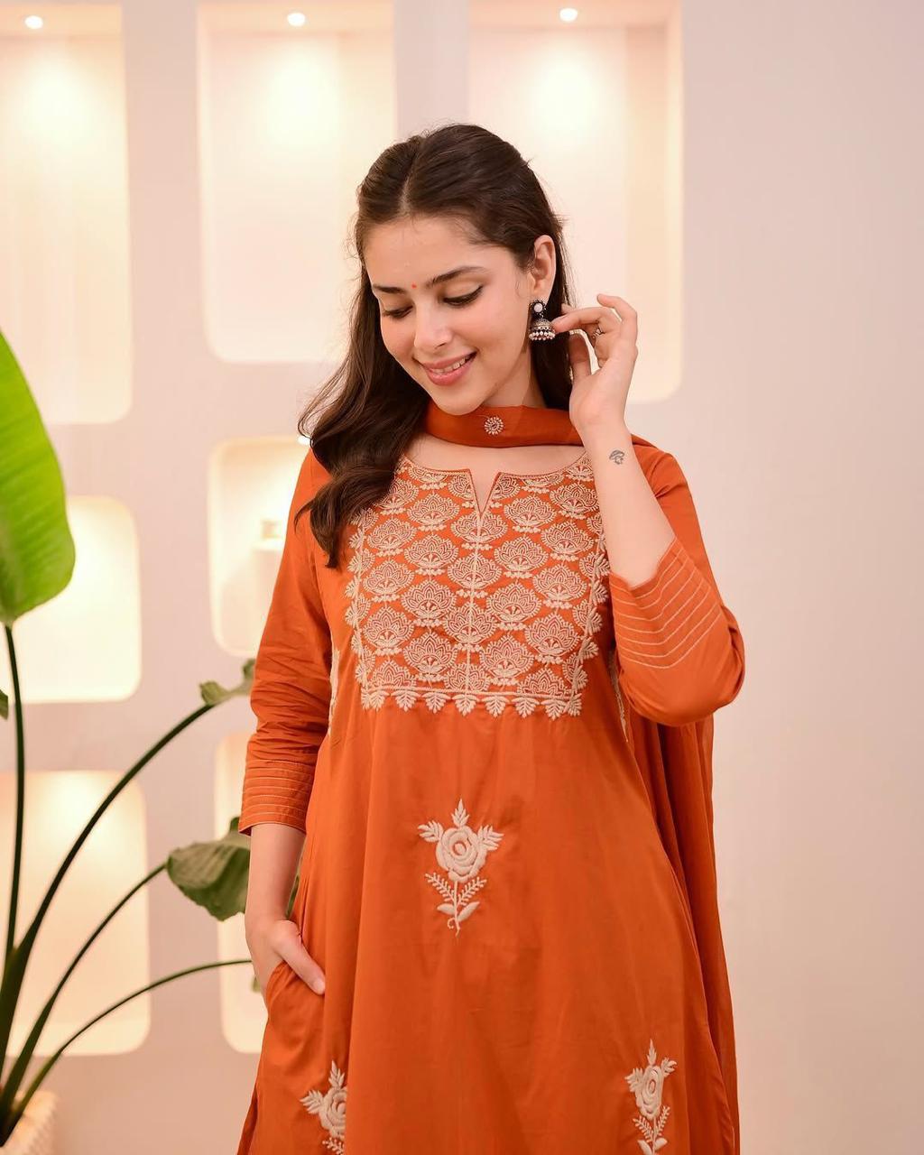 Elegant Rust Orange Embroidered Cotton Kurta Set with Dupatta for Women