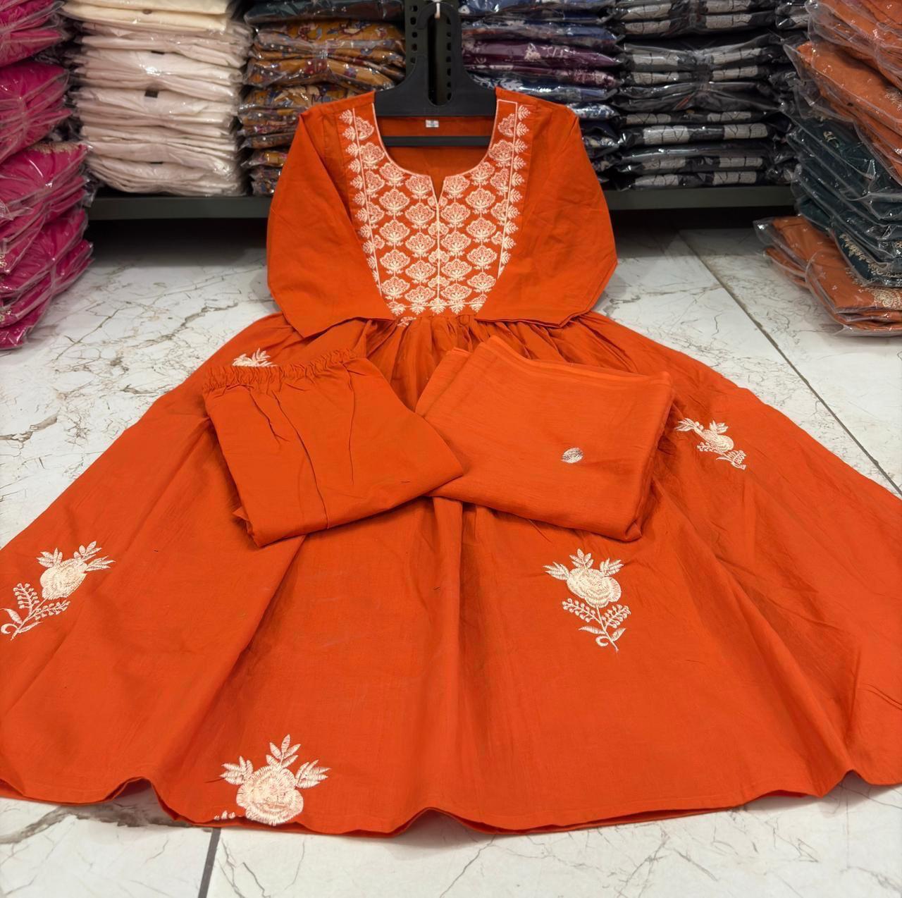 Elegant Rust Orange Embroidered Cotton Kurta Set with Dupatta for Women
