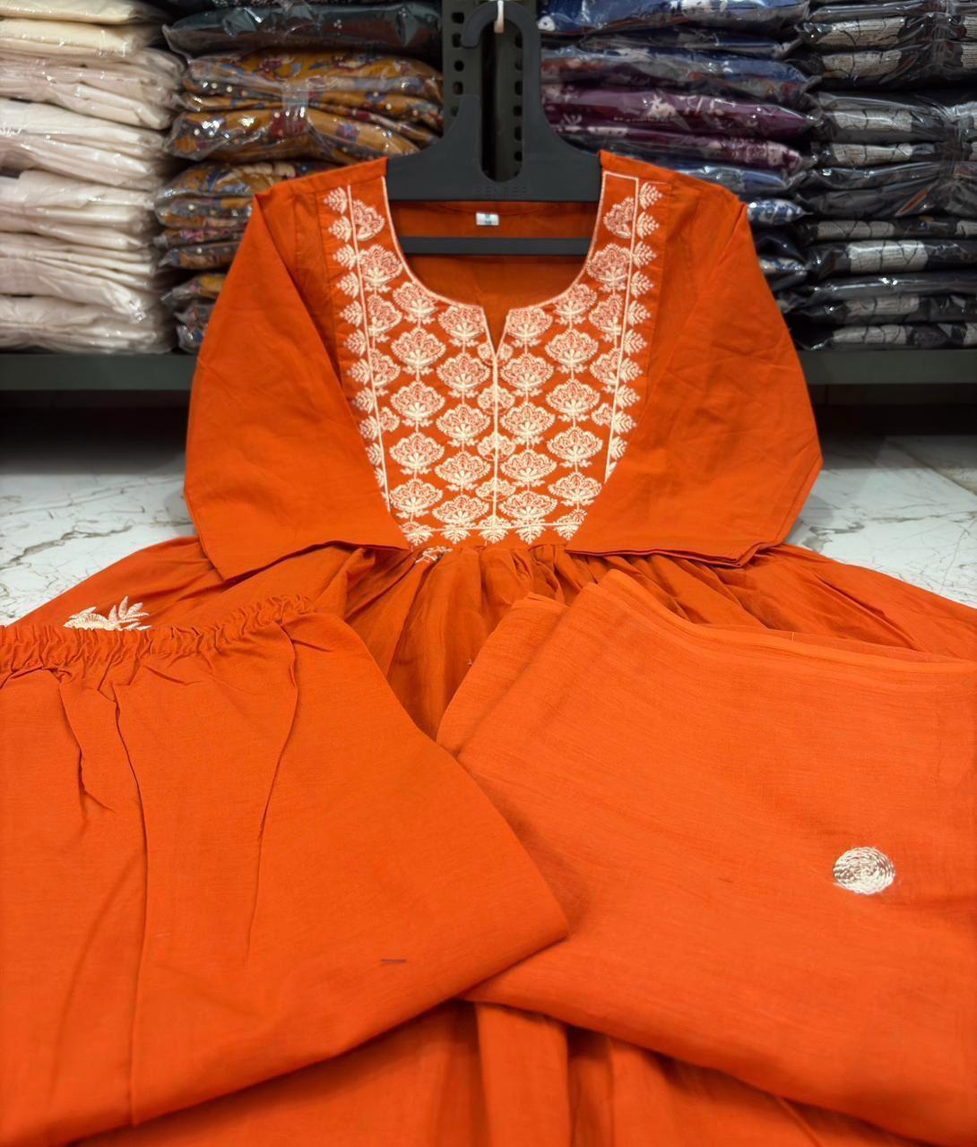 Elegant Rust Orange Embroidered Cotton Kurta Set with Dupatta for Women