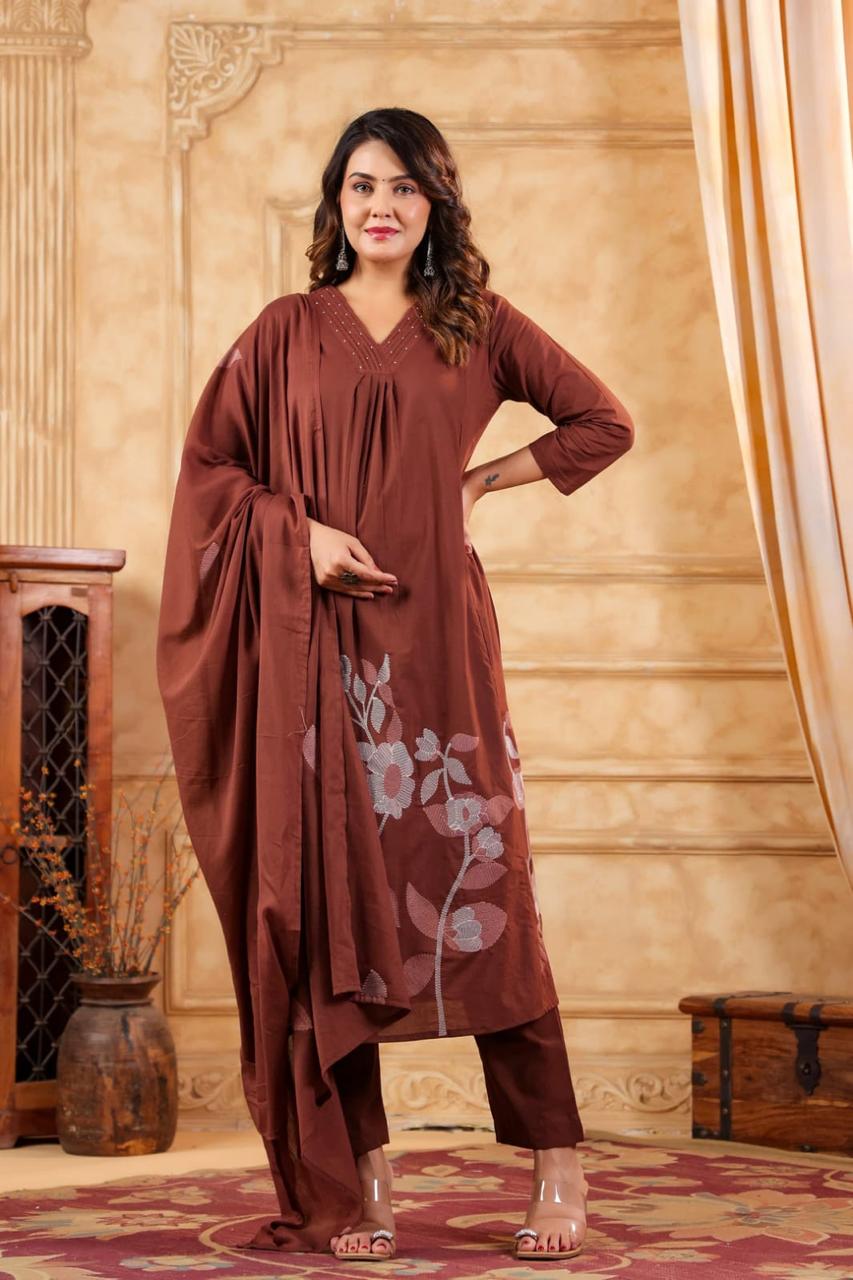 Embroidered Cotton Kurti Pant Set with Soft Malmal Dupatta – Elegant Ethnic Wear for Women