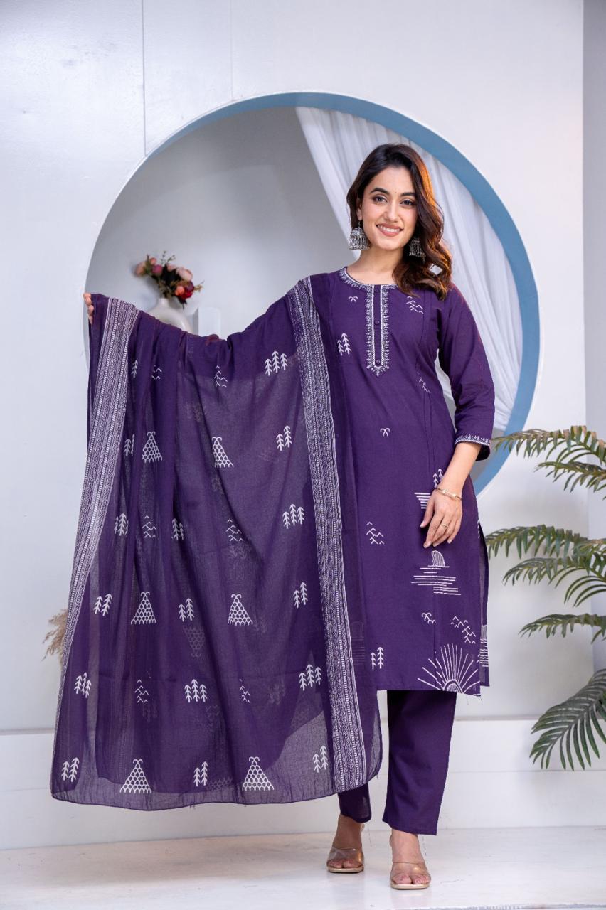 Pure Cotton Ethnic Kurta Set with Pant & Dupatta for Women