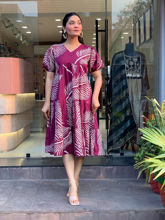 Women Purple Palm Leaf Printed Cotton Midi Dress – V-Neck Tiered Casual Dress