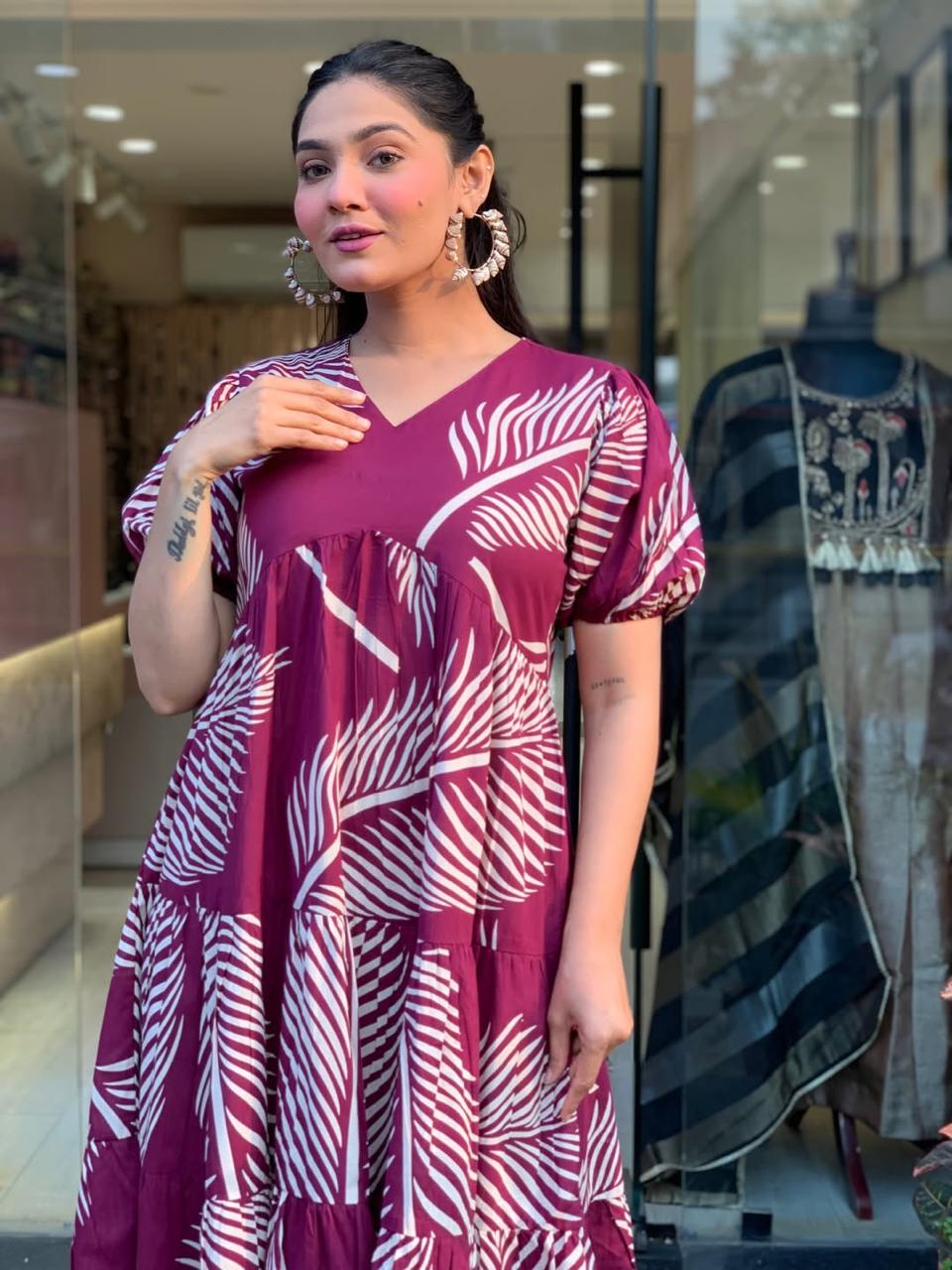 Women Purple Palm Leaf Printed Cotton Midi Dress – V-Neck Tiered Casual Dress