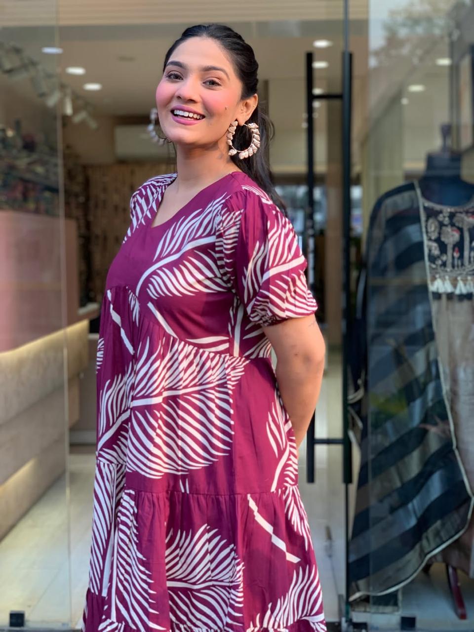 Women Purple Palm Leaf Printed Cotton Midi Dress – V-Neck Tiered Casual Dress
