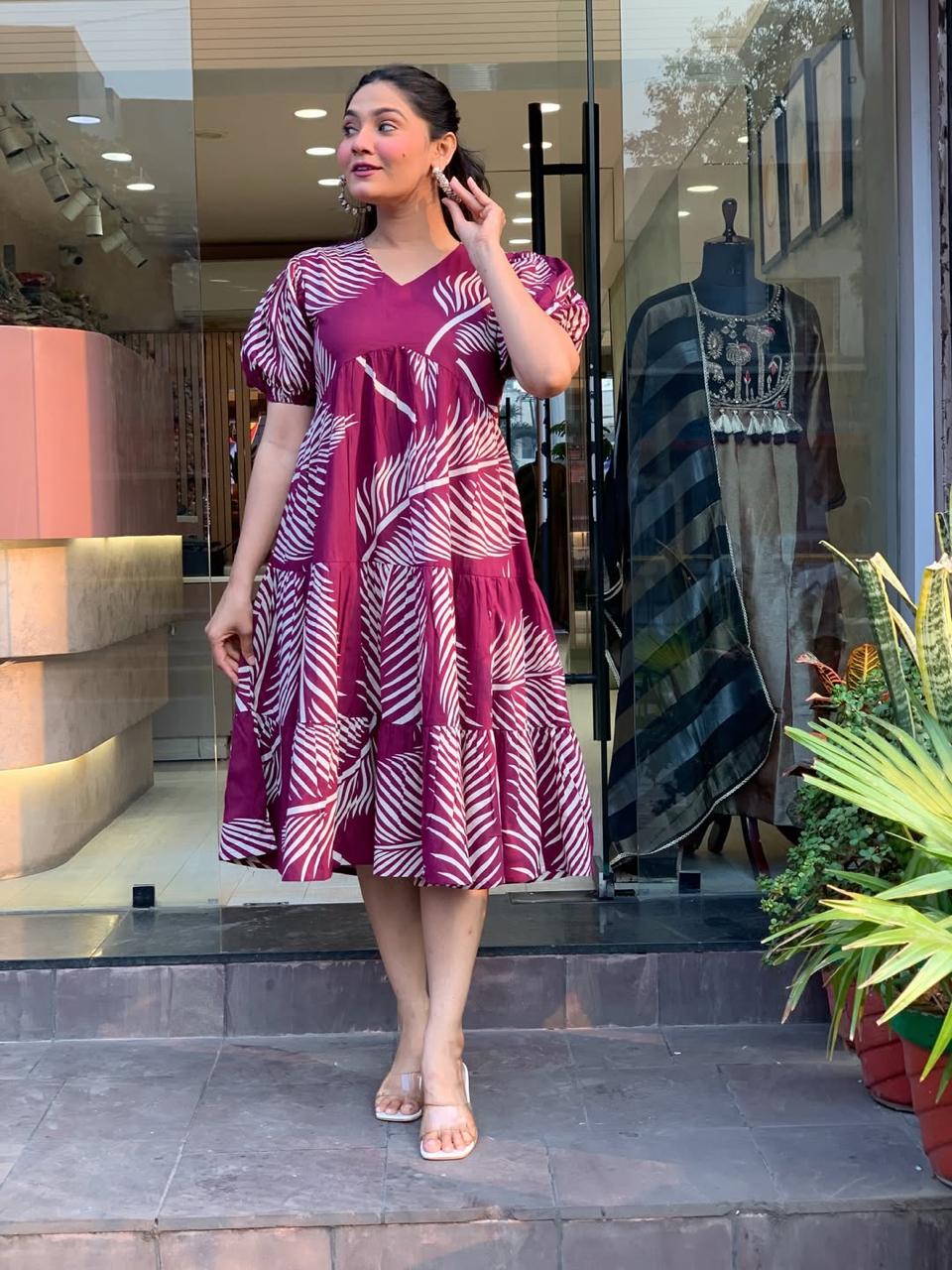 Women Purple Palm Leaf Printed Cotton Midi Dress – V-Neck Tiered Casual Dress