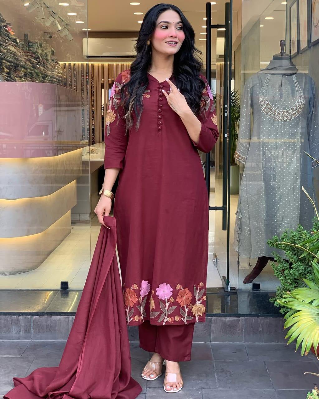 Bagrubazzar Women’s Embroidered Cotton Three-Piece Suit with Dupatta