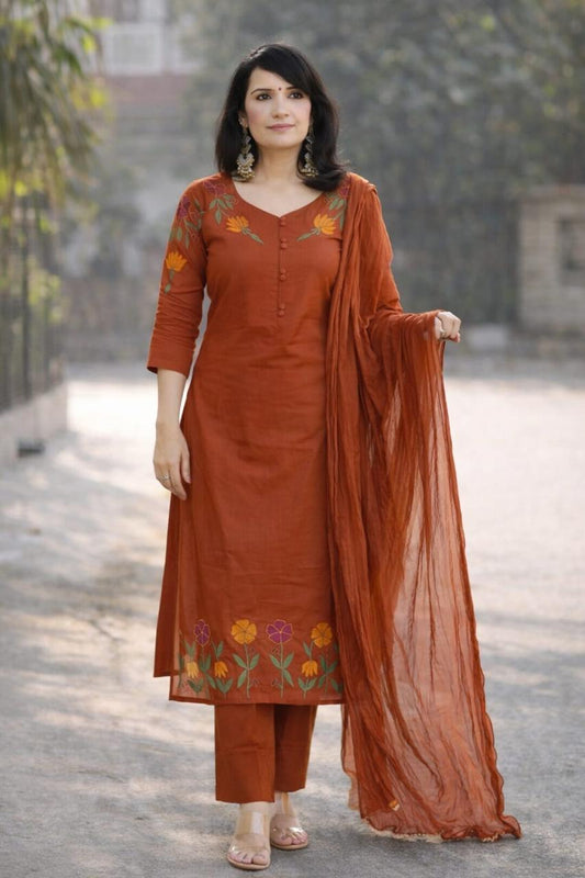 Bagrubazzar Women’s Embroidered Cotton Three-Piece Salwar Suit with Matching Dupatta – Ethnic Wear