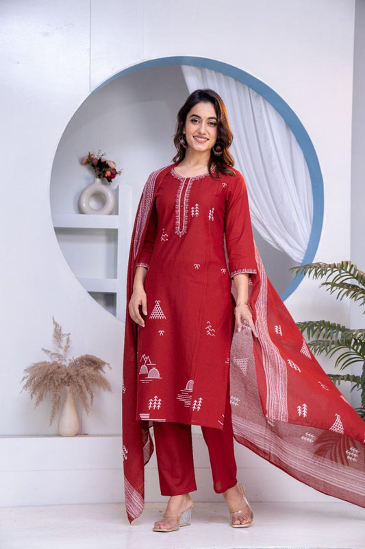 Bagrubazzar Stylish Cotton Kurta Set – Kurta, Pants & Dupatta Combo