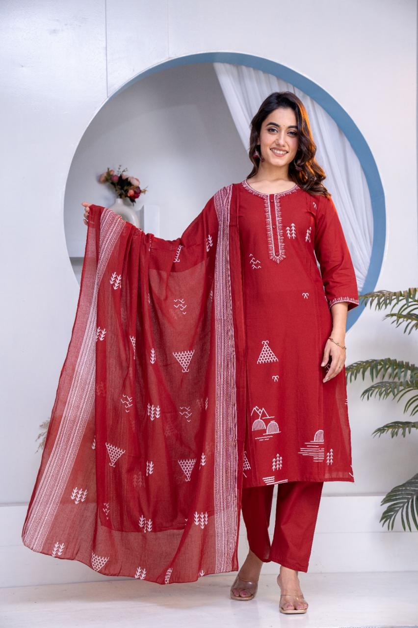 Bagrubazzar Stylish Cotton Kurta Set – Kurta, Pants & Dupatta Combo