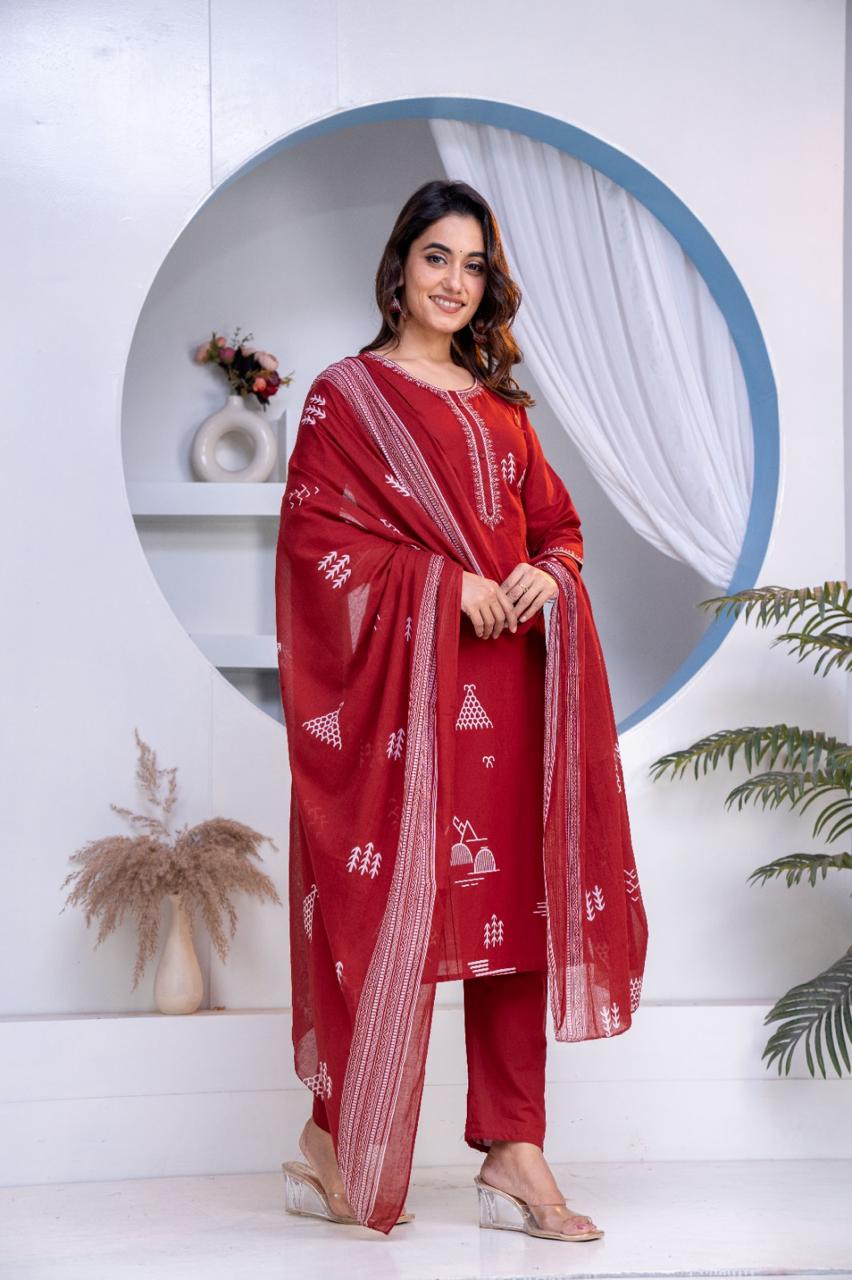 Bagrubazzar Stylish Cotton Kurta Set – Kurta, Pants & Dupatta Combo