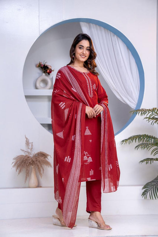 Bagrubazzar Stylish Cotton Kurta Set – Kurta, Pants & Dupatta Combo