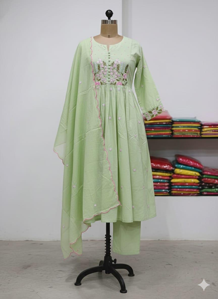 Beautiful Cotton Kurti Pant and Dupatta Set with Elegant Embroidery Work
