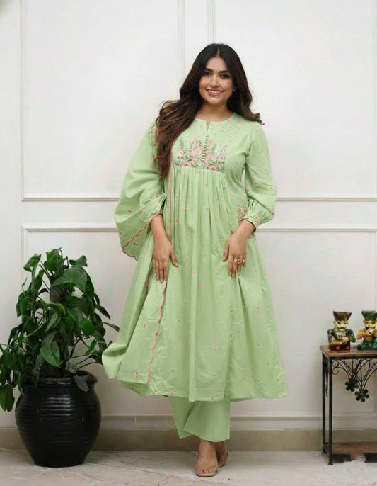 Beautiful Cotton Kurti Pant and Dupatta Set with Elegant Embroidery Work