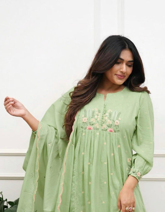 Beautiful Cotton Kurti Pant and Dupatta Set with Elegant Embroidery Work