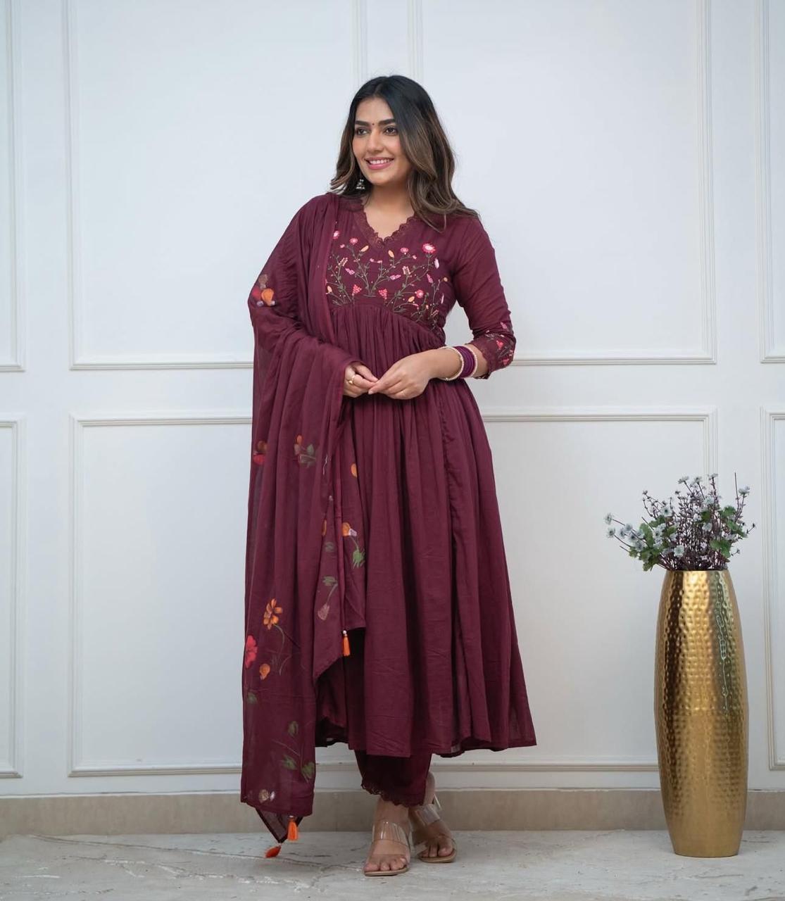 Women’s Strength Style Cotton Kurta Set with Elegant Neckline Embroidery