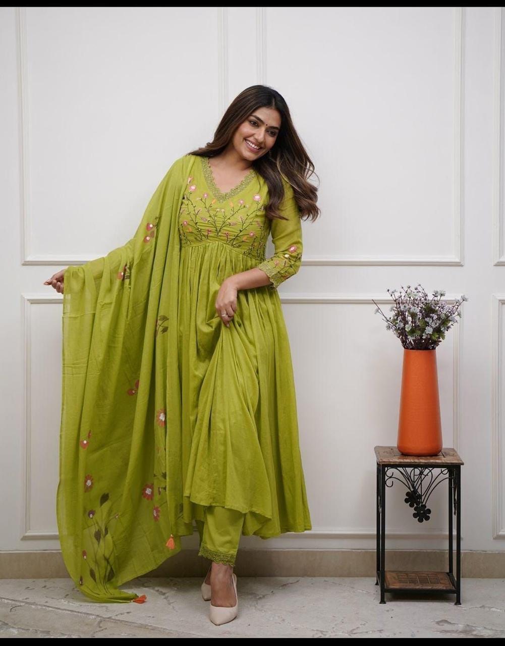 Premium Cotton Strength Kurta Set for Women with Embroidered Neck Design & Pants