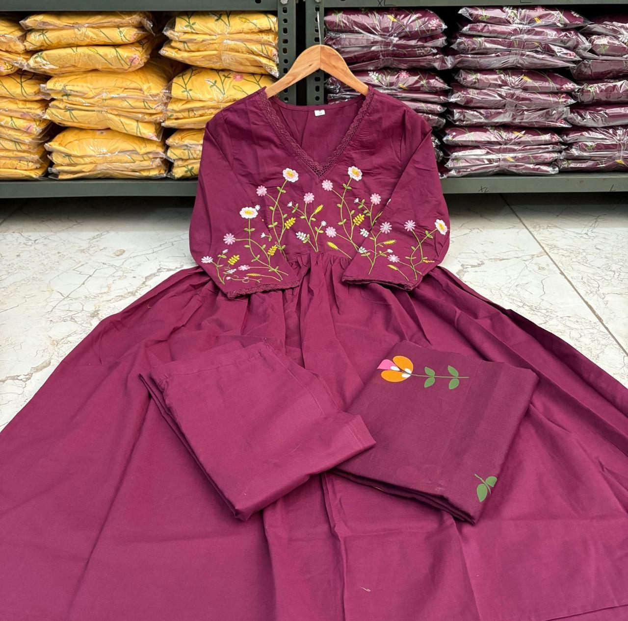 Women’s Strength Style Cotton Kurta Set with Elegant Neckline Embroidery
