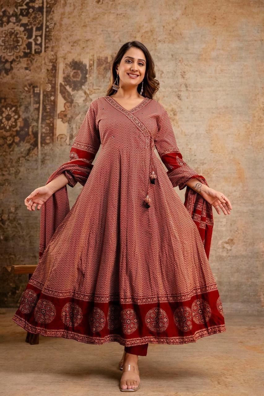 Women’s Cotton Zig Zag Angrakha Anarkali Kurti Set with Pant and Soft Mulmul Dupatta